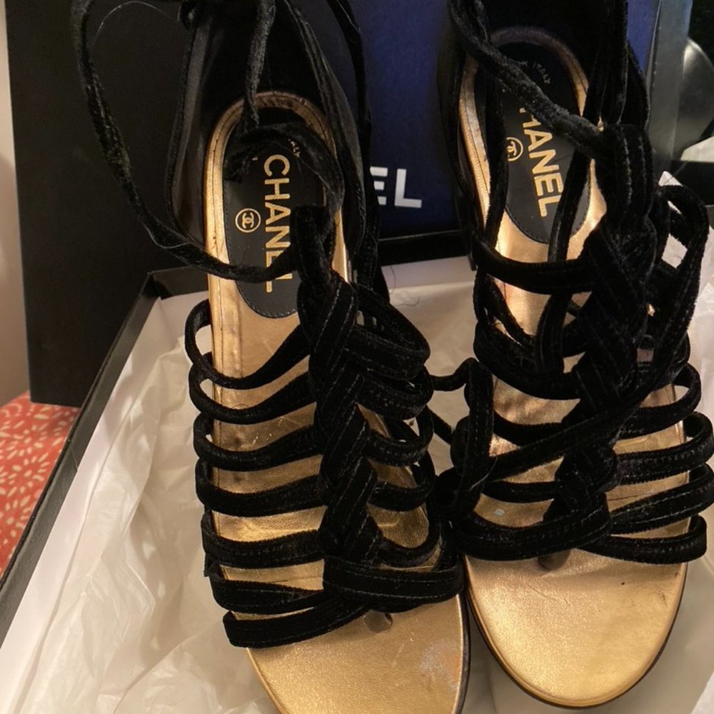 Chanel Black Velvet Wooden Platform Sandals 39